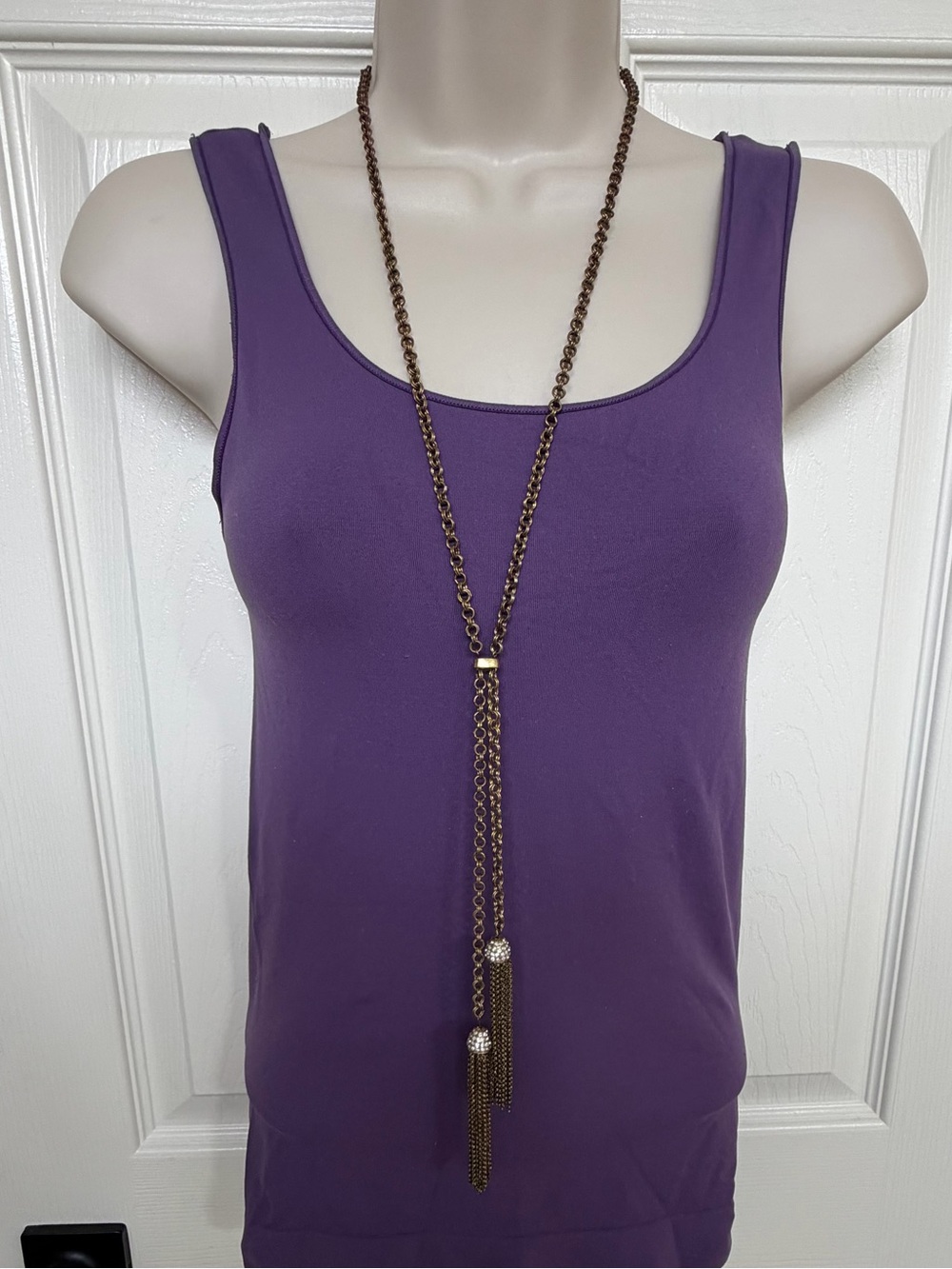 LOFT Gold-tone Lariat Necklace Double Crystal Crowned Chain Tassels Mobwife